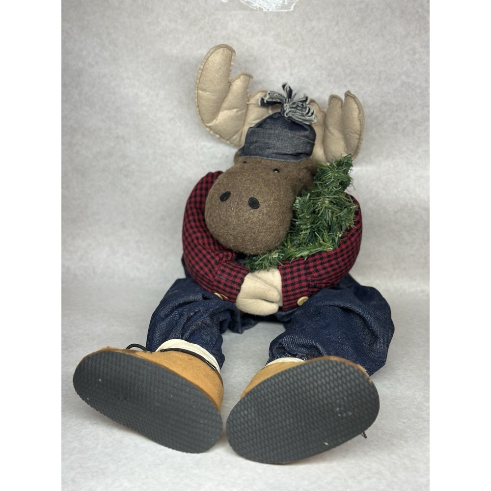 Large Plush Weighted Moose Shelf Sitter with Christmas Tree and Plaid Flannel